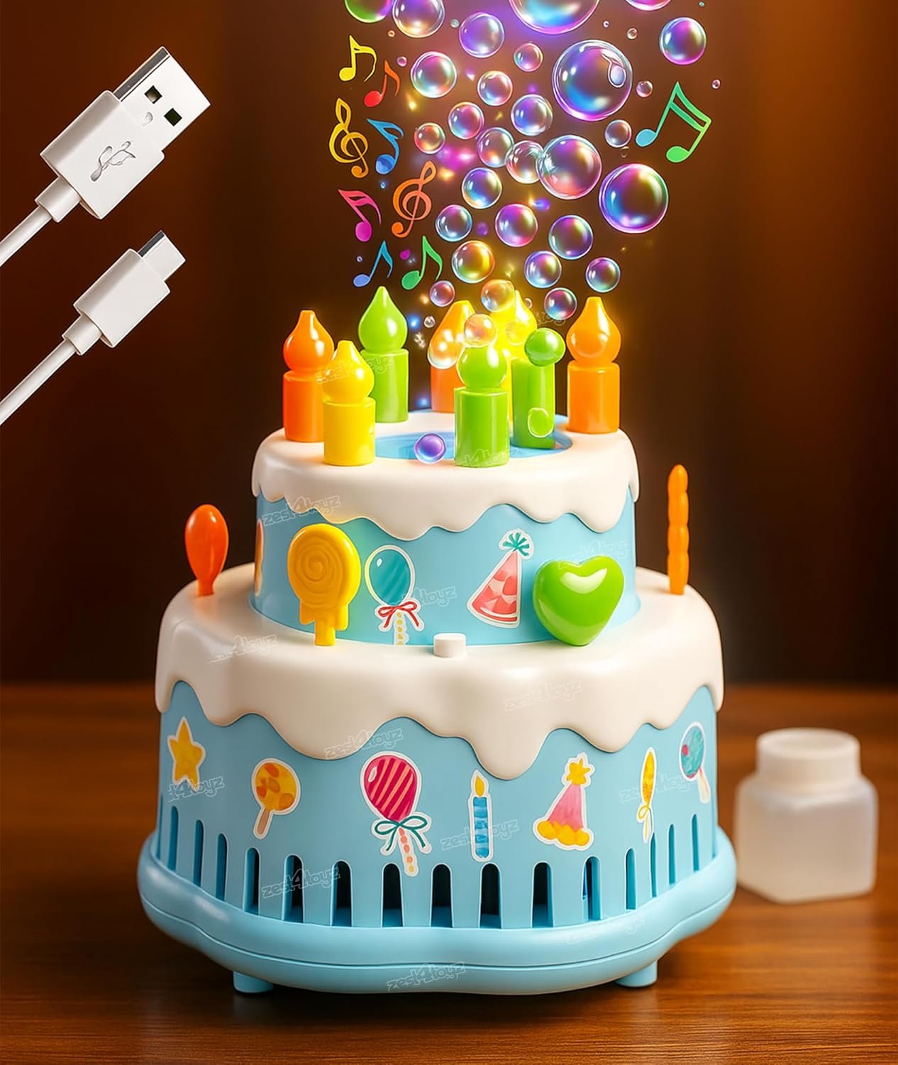 KidWiz Musical Birthday Cake Bubble Maker Toy with LED Lights and Rechargeable USB Cable - Best Price Online