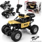 remote control rock crawler toy truck with its remote, charging cable, and packaging box.