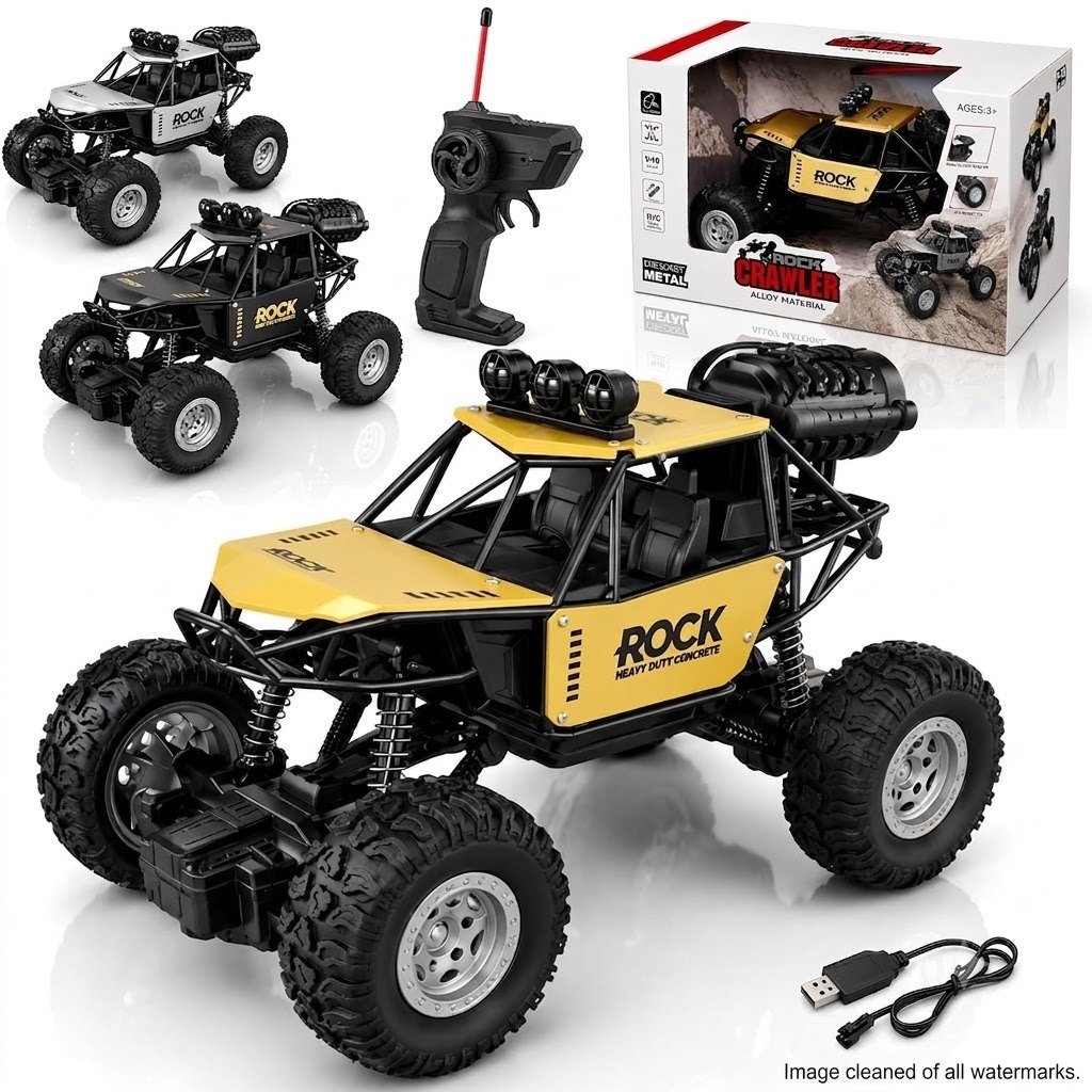 remote control rock crawler toy truck with its remote, charging cable, and packaging box.